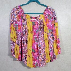 Emily Wonder Mixed Print Boho Peasant Blouse Floral Paisley Yellow Pink